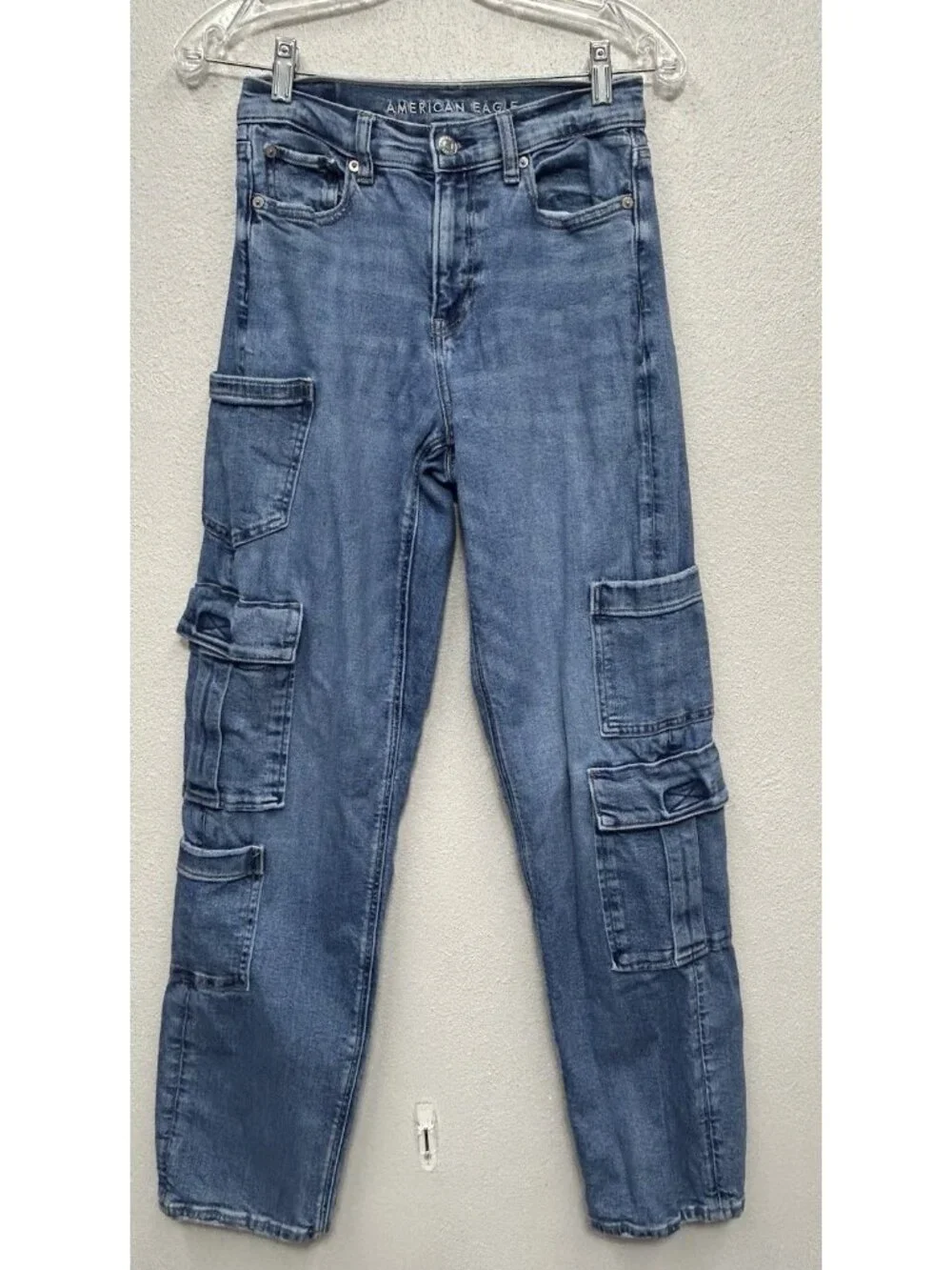 American Eagle Jeans Womens O (26x30) Cargo Super High Rise Baggy Straight Blue